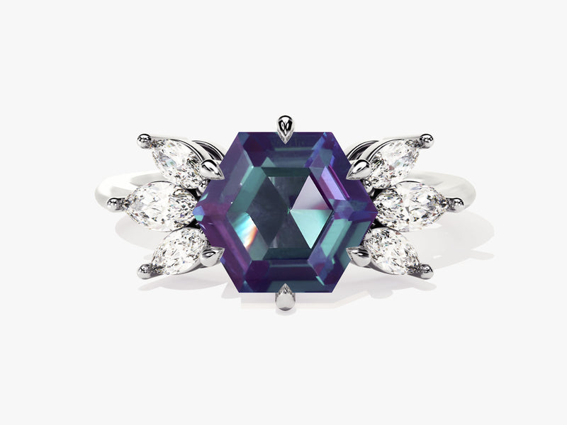 Hexagon Lab Alexandrite Engagement Ring with Moissanite Sidestones