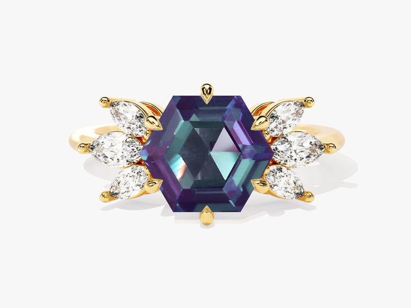Hexagon Lab Alexandrite Engagement Ring with Moissanite Sidestones