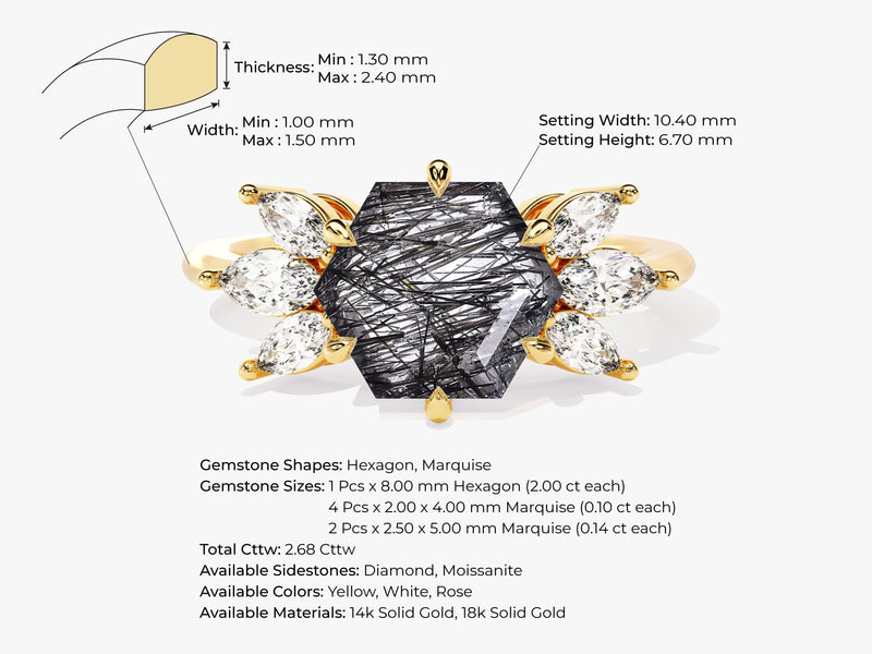 Hexagon Black Rutilated Quartz Engagement Ring with Moissanite Sidestones.