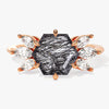 Hexagon Black Rutilated Quartz Engagement Ring with Moissanite Sidestones.