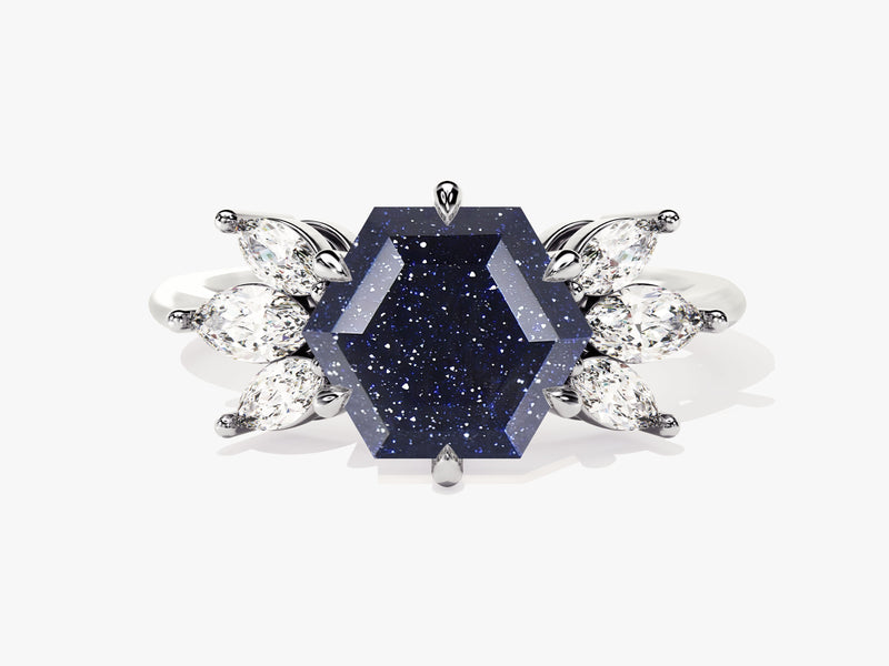 Hexagon Blue Sandstone Engagement Ring with Moissanite Sidestones.