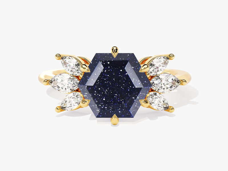 Hexagon Blue Sandstone Engagement Ring with Moissanite Sidestones.