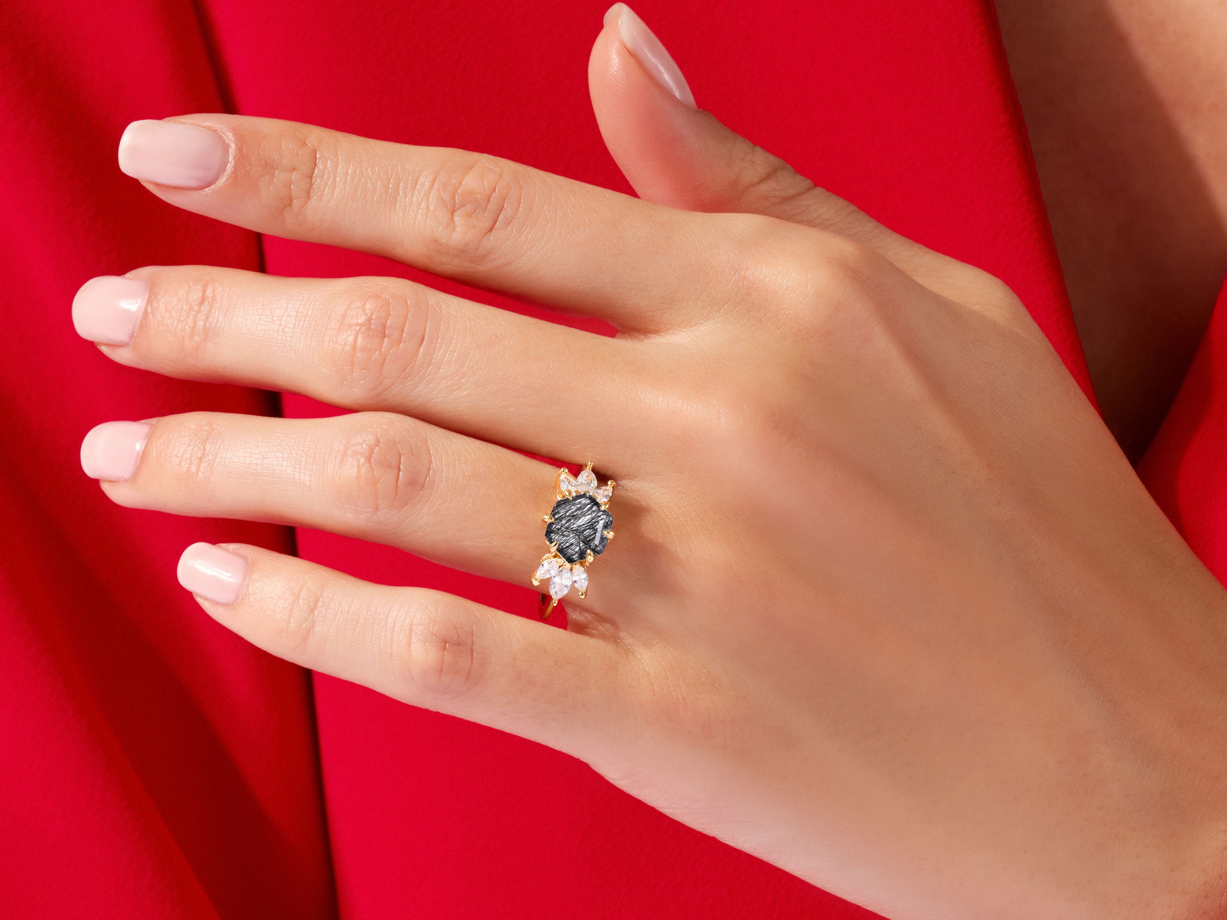 Hexagon Black Rutilated Quartz Engagement Ring with Moissanite Sidestones.