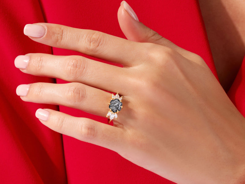 Hexagon Black Rutilated Quartz Engagement Ring with Moissanite Sidestones.
