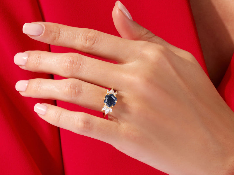 Hexagon Blue Sandstone Engagement Ring with Moissanite Sidestones.