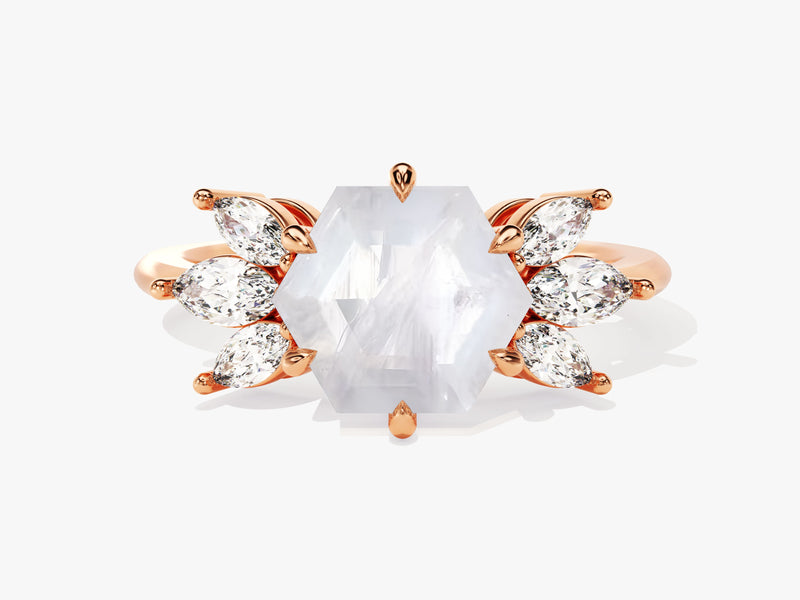 Hexagon Moonstone Engagement Ring with Moissanite Sidestones