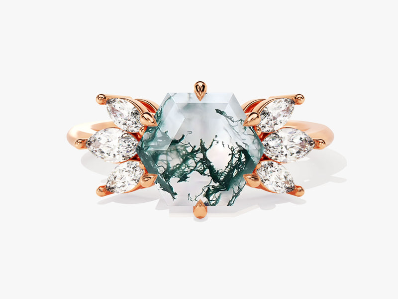 Hexagon Moss Agate Engagement Ring with Moissanite Sidestones