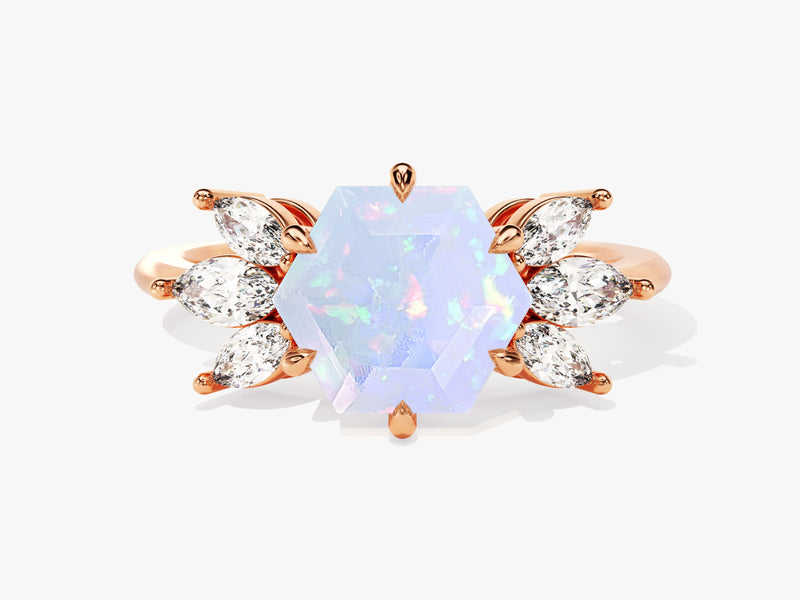 Hexagon Opal Engagement Ring with Moissanite Sidestones