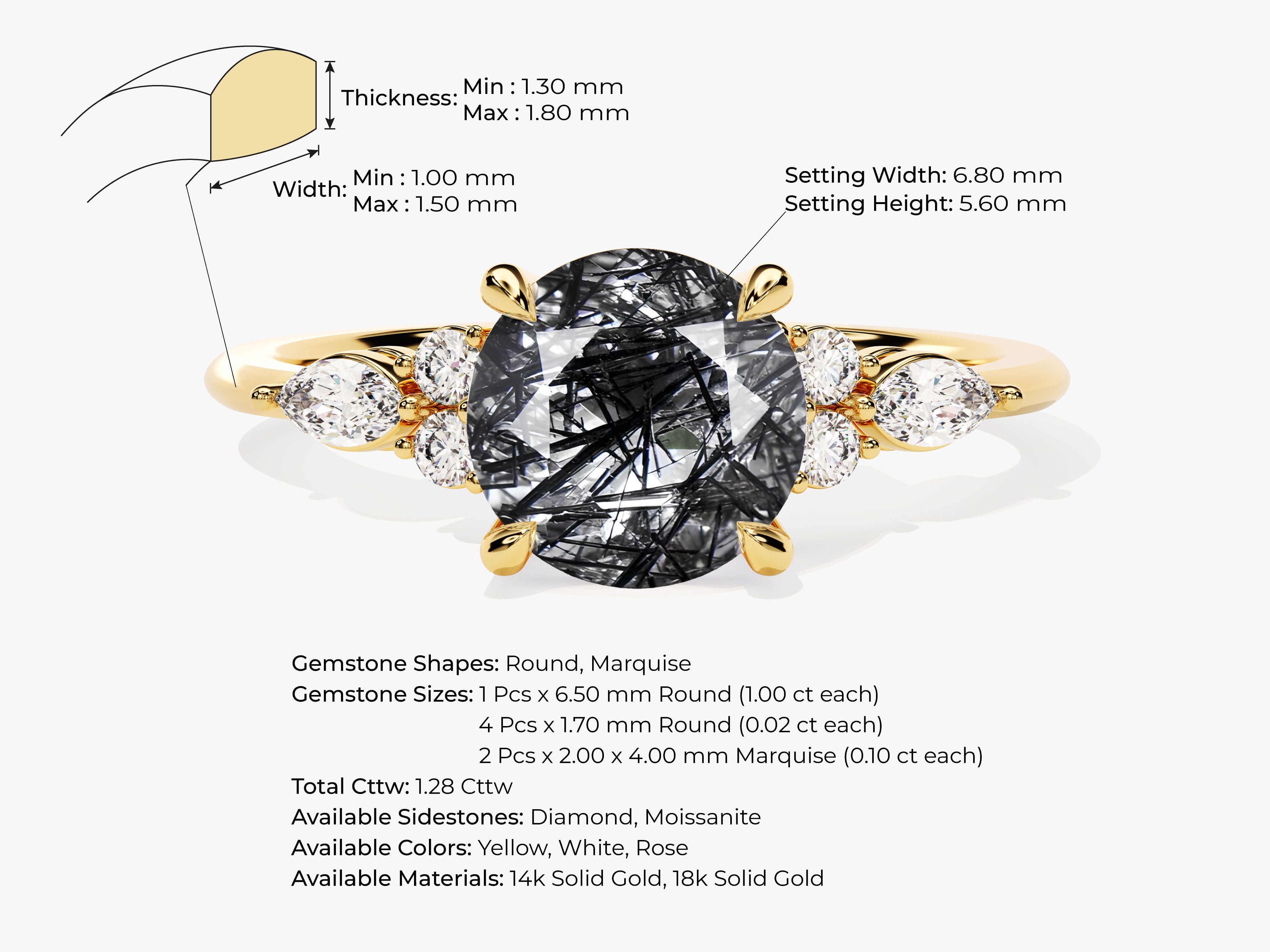Round Black Rutilated Quartz Engagement Ring with Moissanite Sidestones