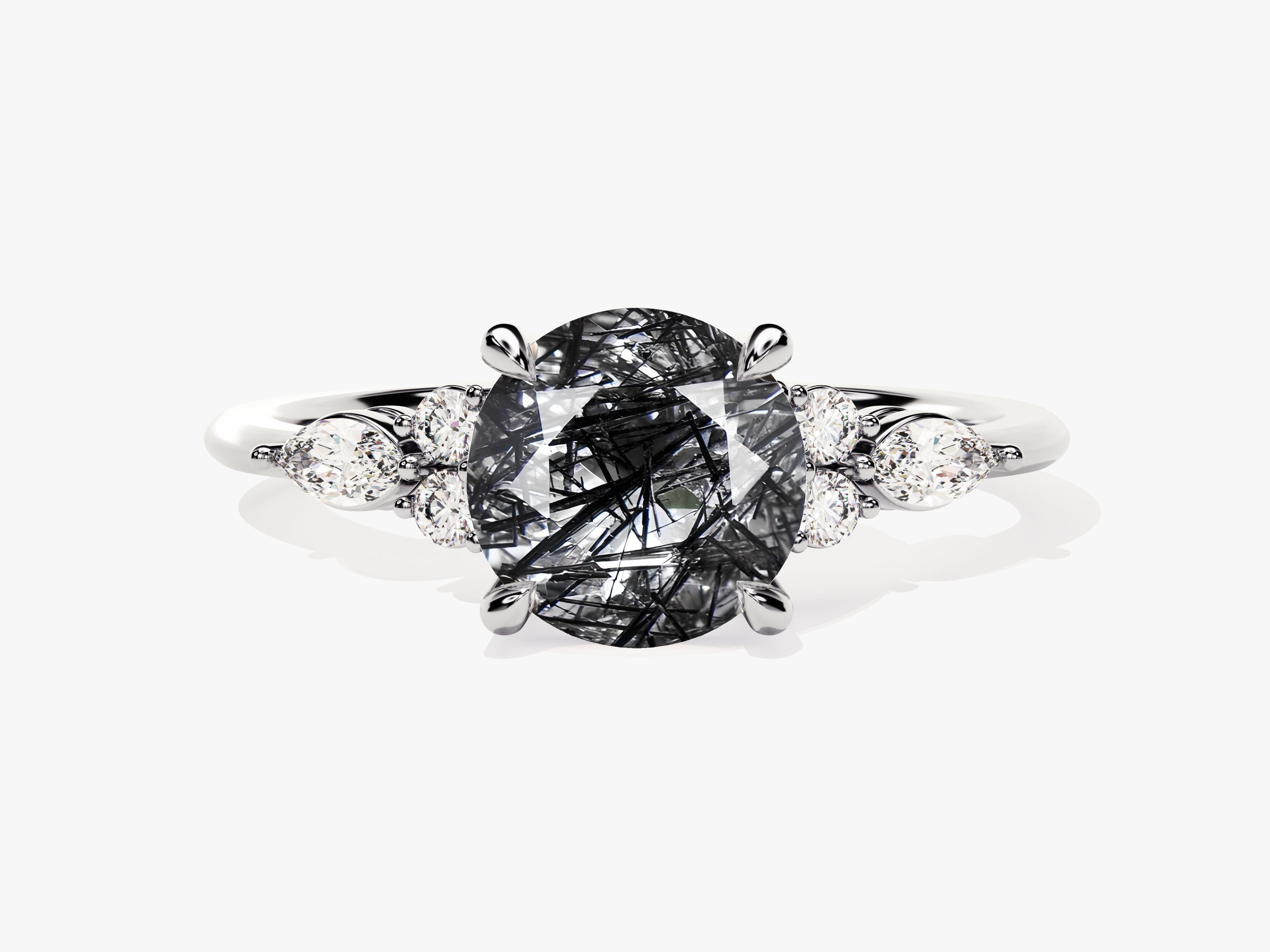 Round Black Rutilated Quartz Engagement Ring with Moissanite Sidestones