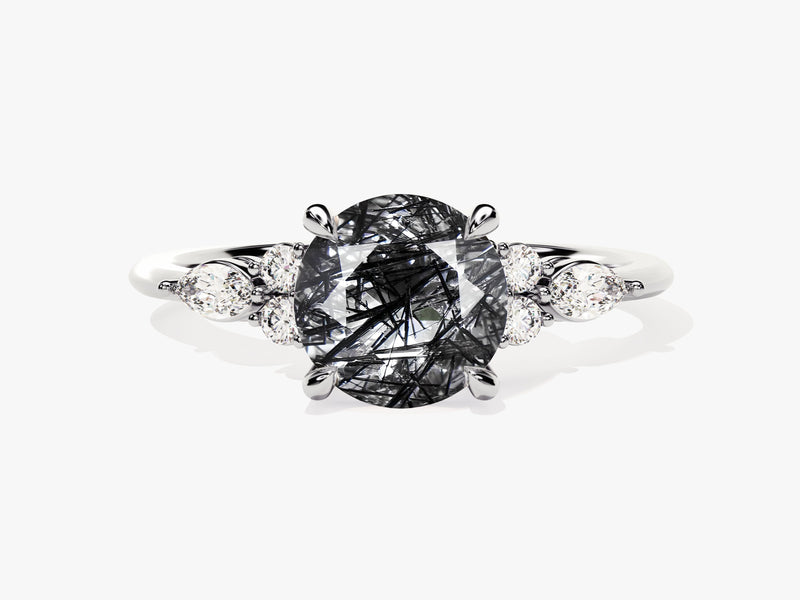 Round Black Rutilated Quartz Engagement Ring with Moissanite Sidestones
