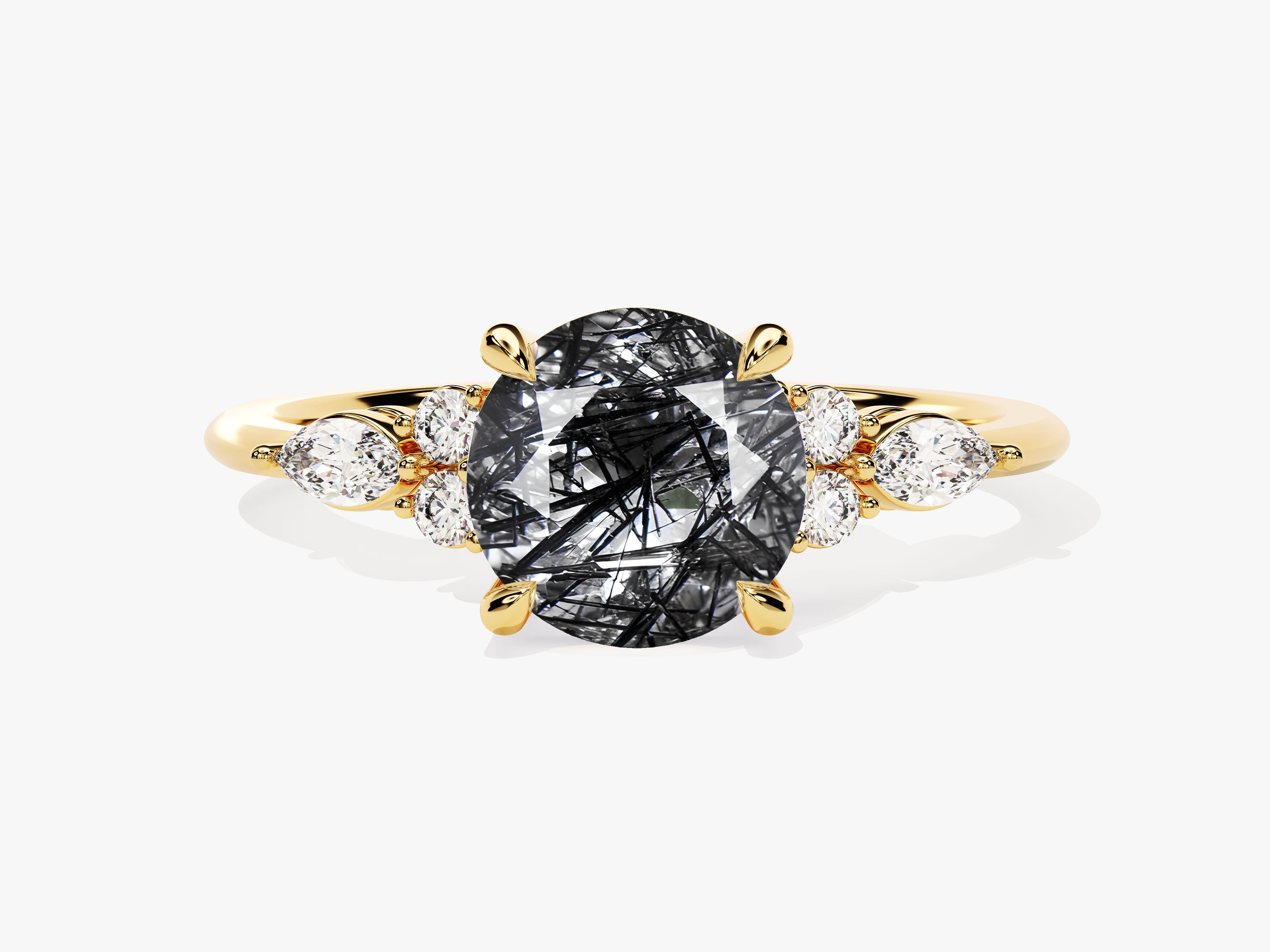 Round Black Rutilated Quartz Engagement Ring with Moissanite Sidestones