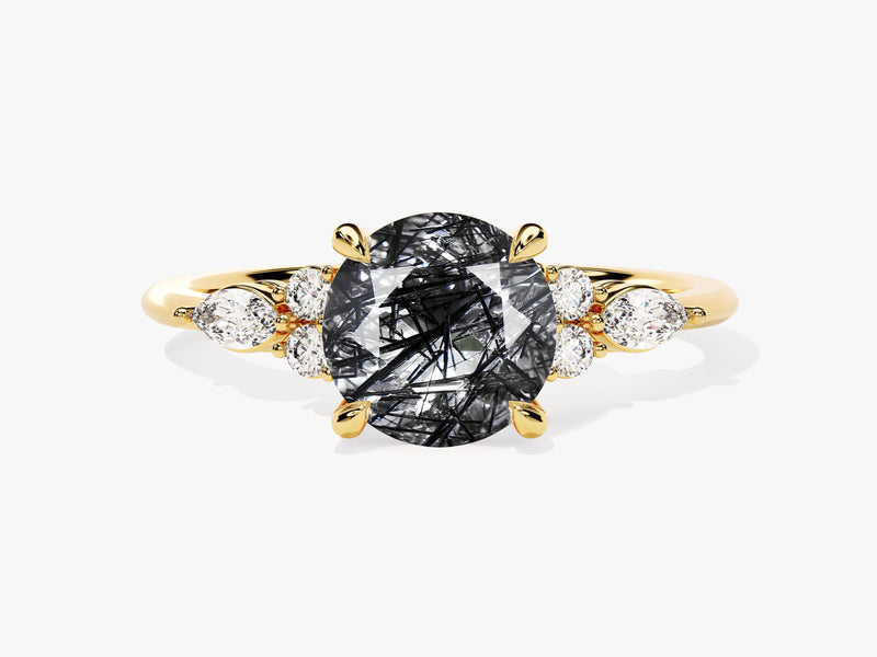 Round Black Rutilated Quartz Engagement Ring with Moissanite Sidestones
