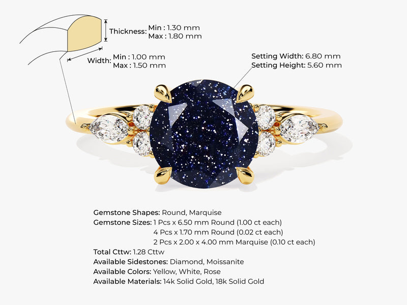 Round Blue Sandstone Engagement Ring with Moissanite Sidestones.