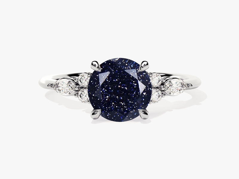 Round Blue Sandstone Engagement Ring with Moissanite Sidestones.