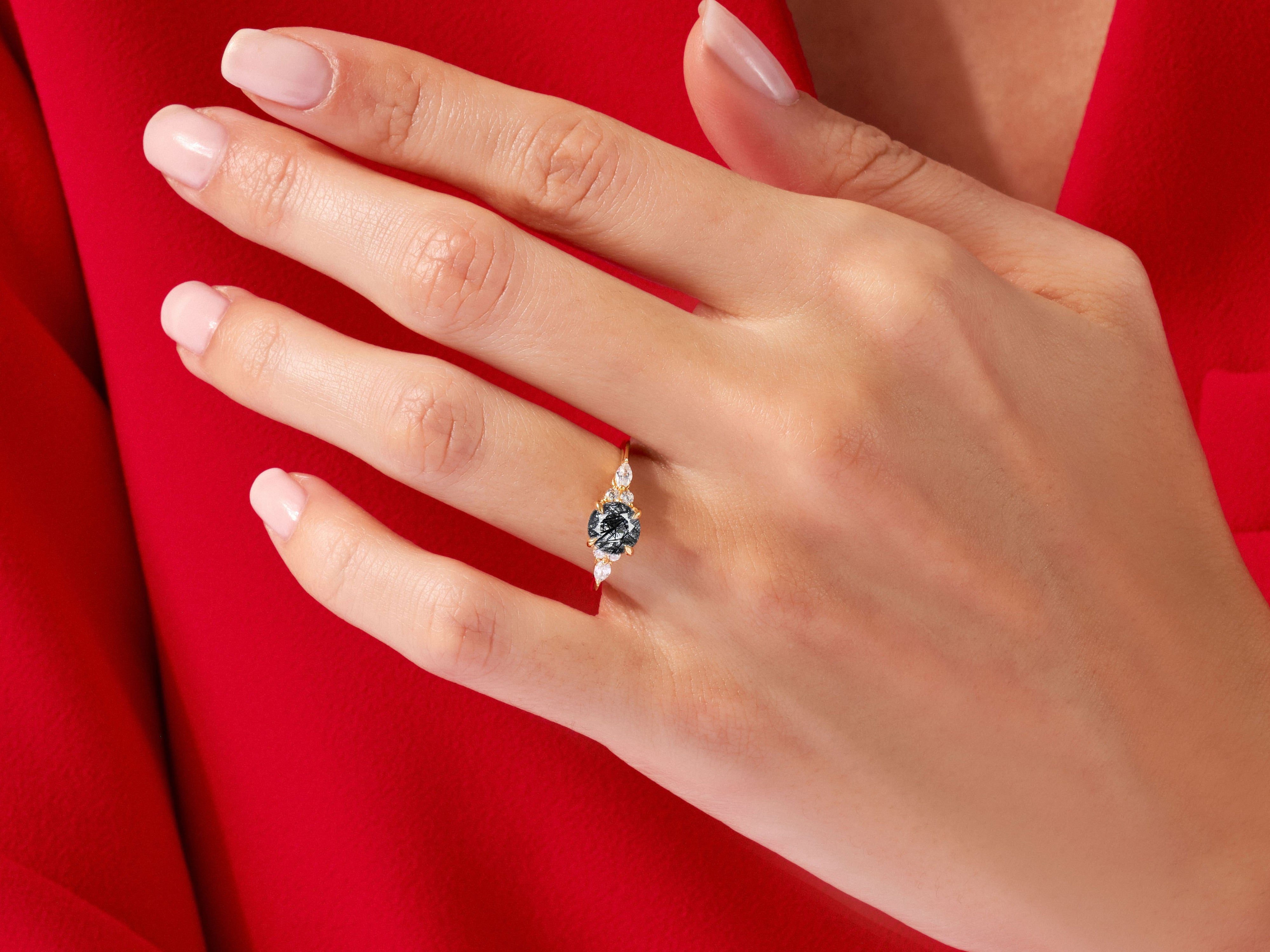 Round Black Rutilated Quartz Engagement Ring with Moissanite Sidestones