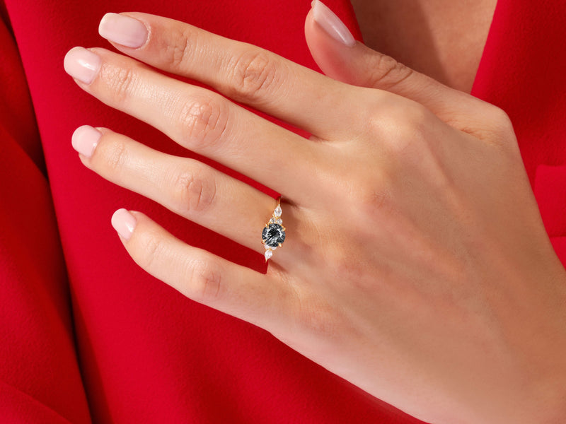 Round Black Rutilated Quartz Engagement Ring with Moissanite Sidestones