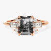 Emerald Cut Black Rutilated Quartz Engagement Ring with Moissanite Sidestones
