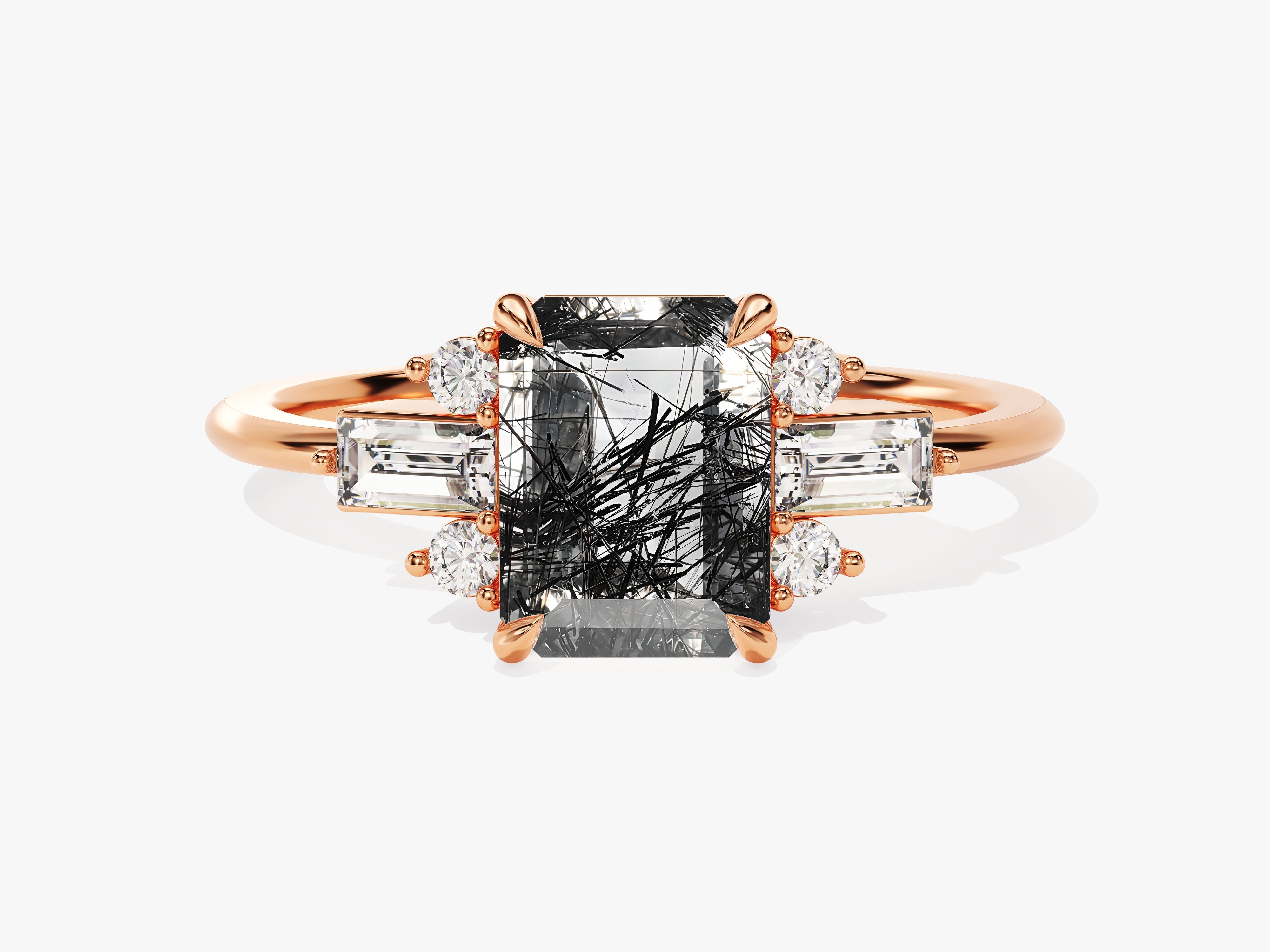 Emerald Cut Black Rutilated Quartz Engagement Ring with Moissanite Sidestones