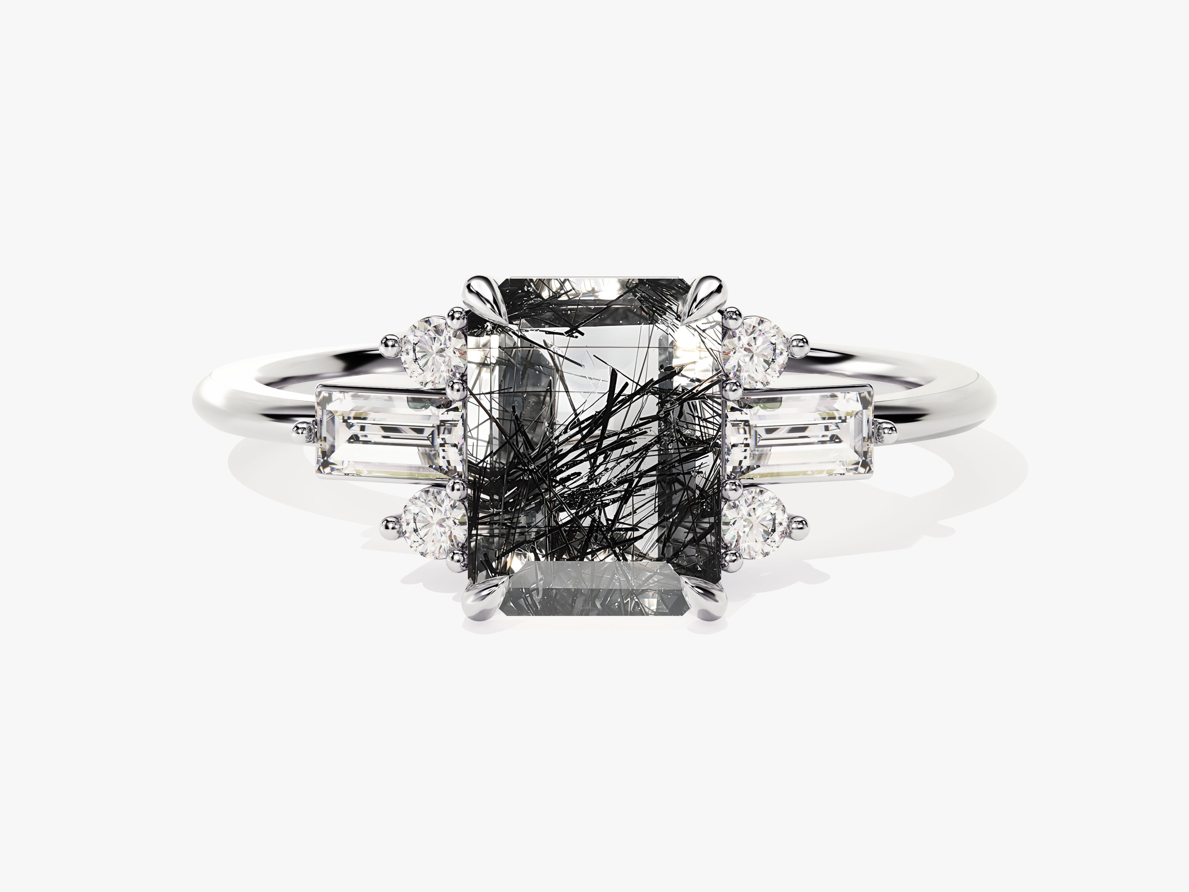 Emerald Cut Black Rutilated Quartz Engagement Ring with Moissanite Sidestones