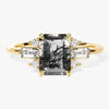 Emerald Cut Black Rutilated Quartz Engagement Ring with Moissanite Sidestones