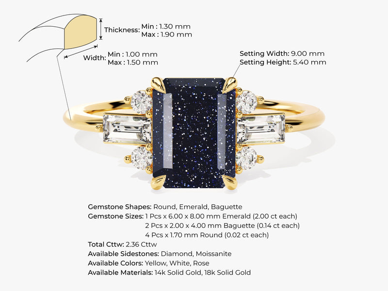 Emerald Cut Blue Sandstone Engagement Ring with Moissanite Sidestones.