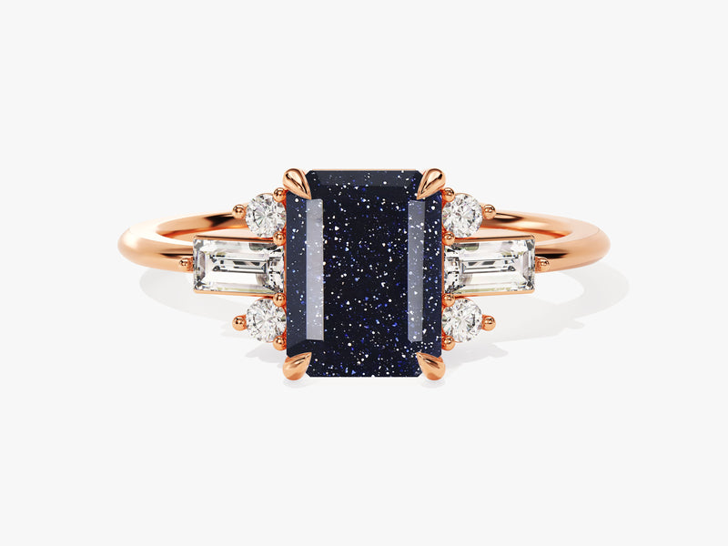 Emerald Cut Blue Sandstone Engagement Ring with Moissanite Sidestones.