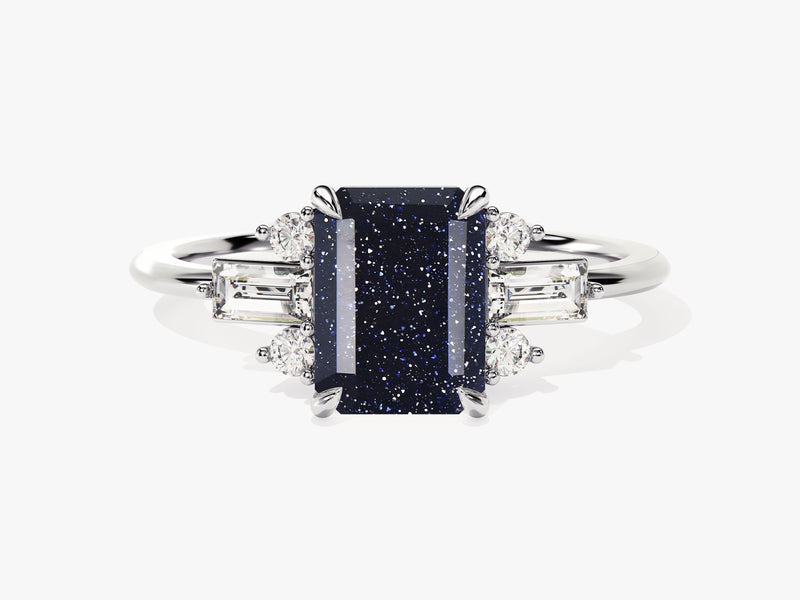 Emerald Cut Blue Sandstone Engagement Ring with Moissanite Sidestones.