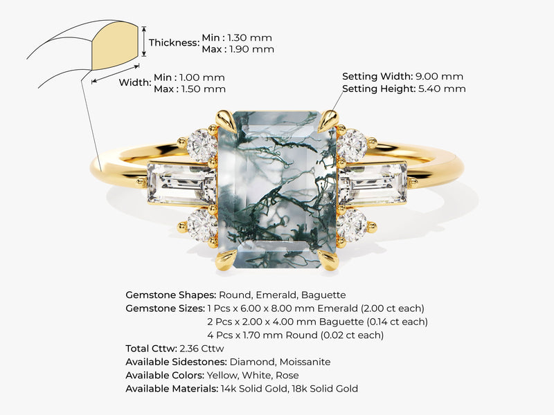 Emerald Cut Moss Agate Engagement Ring with Moissanite Sidestones