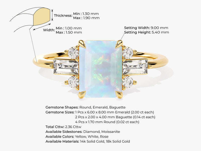 Emerald Cut Opal Engagement Ring with Moissanite Sidestones