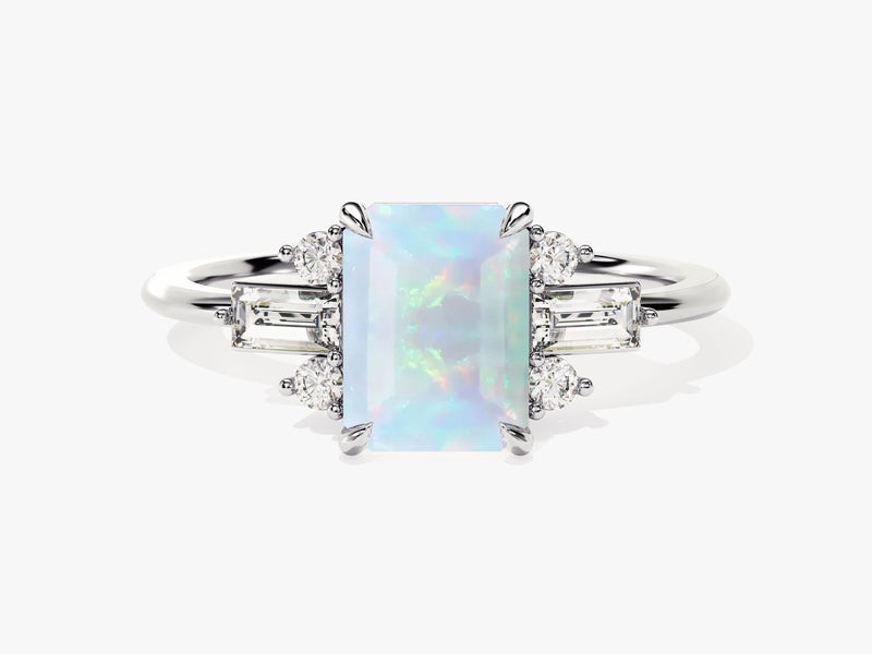 Emerald Cut Opal Engagement Ring with Moissanite Sidestones