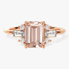 Emerald Cut Peach Morganite Engagement Ring with Baguette and Round Sidestones