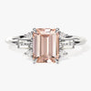 Emerald Cut Peach Morganite Engagement Ring with Baguette and Round Sidestones