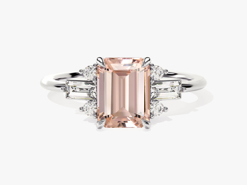 Emerald Cut Peach Morganite Engagement Ring with Baguette and Round Sidestones