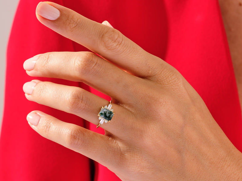 Emerald Cut Moss Agate Engagement Ring with Moissanite Sidestones