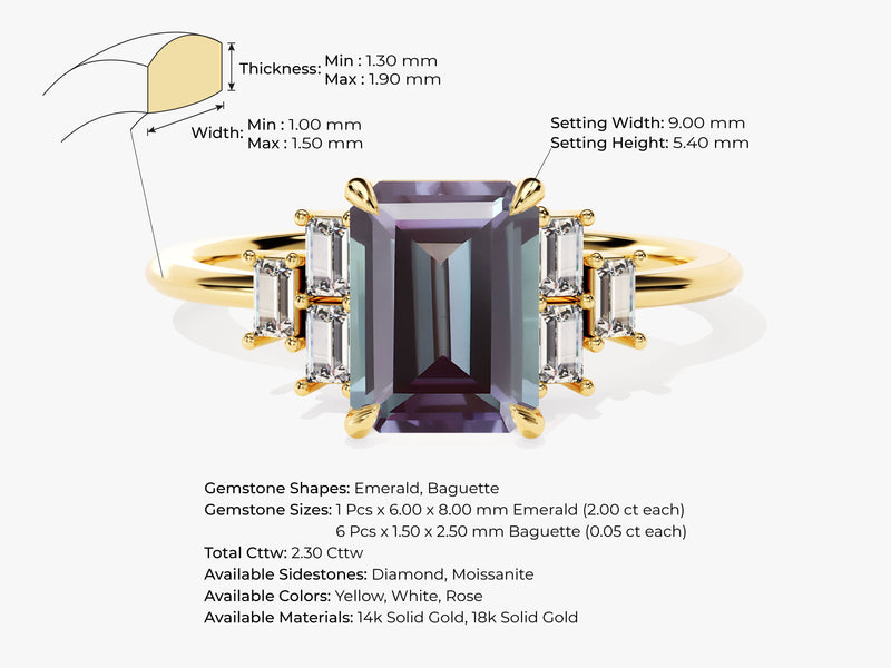Emerald Cut Lab Alexandrite Engagement Ring with Baguette Moissanite Sidestones