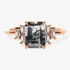 Emerald Cut Black Rutilated Quartz Engagement Ring with Baguette Moissanite Sidestones