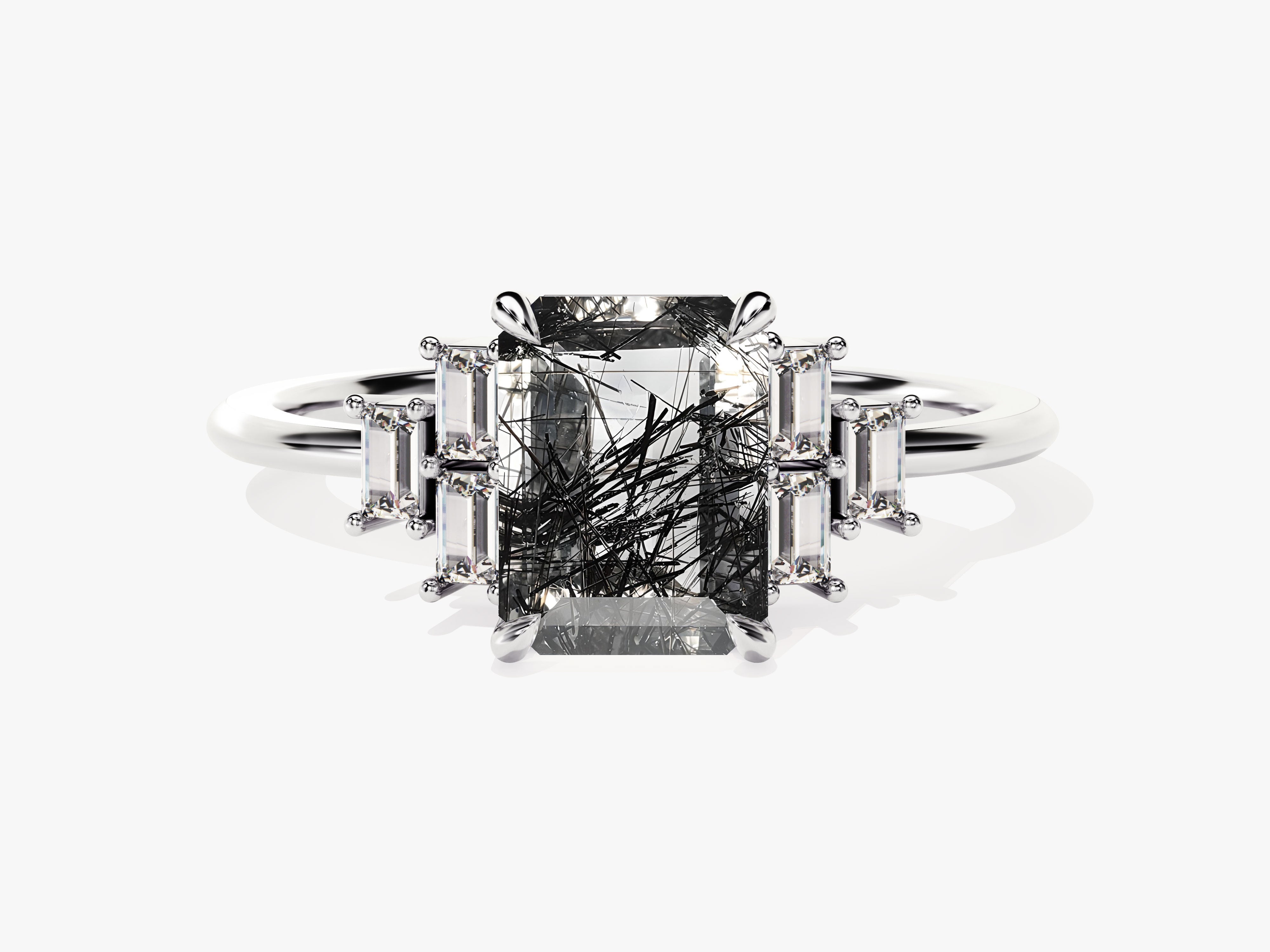 Emerald Cut Black Rutilated Quartz Engagement Ring with Baguette Moissanite Sidestones