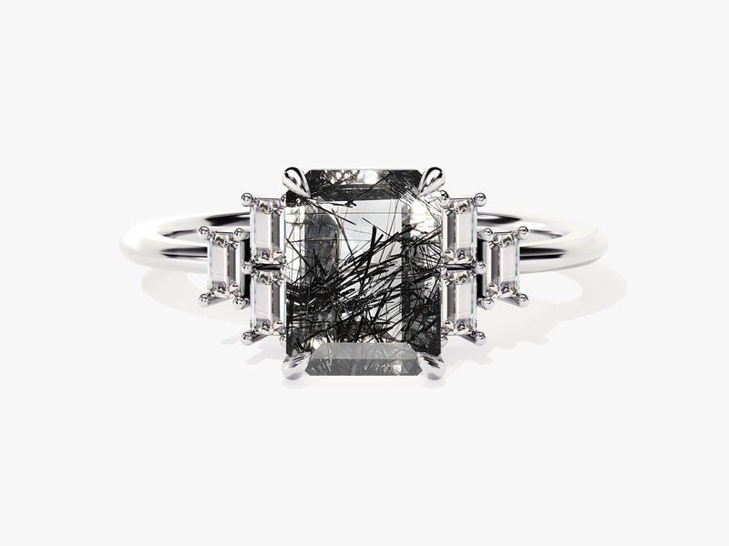 Emerald Cut Black Rutilated Quartz Engagement Ring with Baguette Moissanite Sidestones