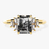 Emerald Cut Black Rutilated Quartz Engagement Ring with Baguette Moissanite Sidestones