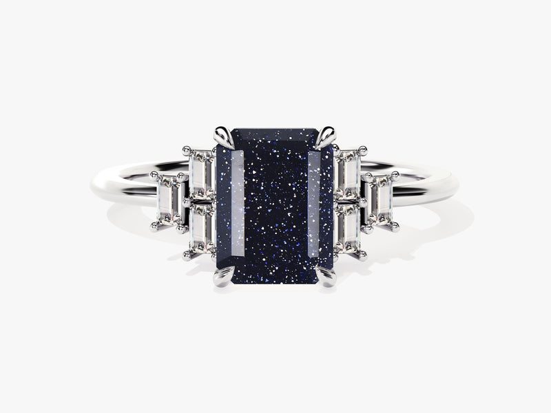 Emerald Cut Blue Sandstone Engagement Ring with Baguette Moissanite Sidestones.