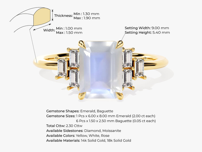 Emerald Cut Moonstone Engagement Ring with Baguette Moissanite Sidestones