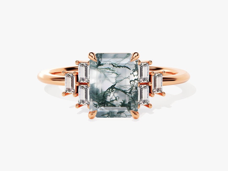 Emerald Cut Moss Agate Engagement Ring with Baguette Moissanite Sidestones