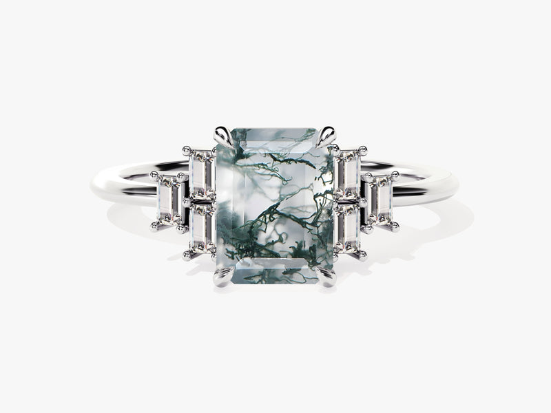 Emerald Cut Moss Agate Engagement Ring with Baguette Moissanite Sidestones