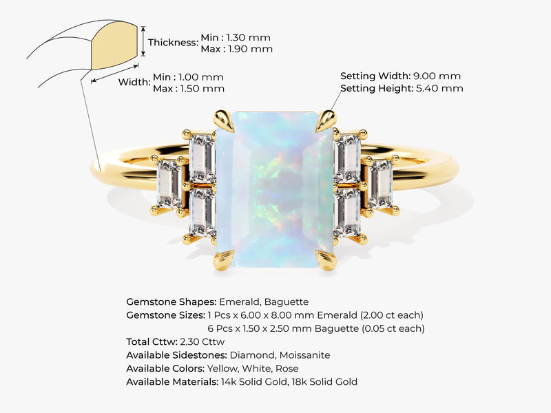 Emerald Cut Opal Engagement Ring with Baguette Moissanite Sidestones