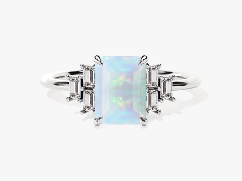 Emerald Cut Opal Engagement Ring with Baguette Moissanite Sidestones