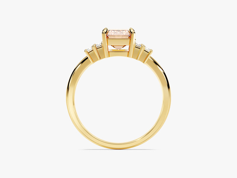 Emerald Cut Peach Morganite Engagement Ring with Baguette Sidestones