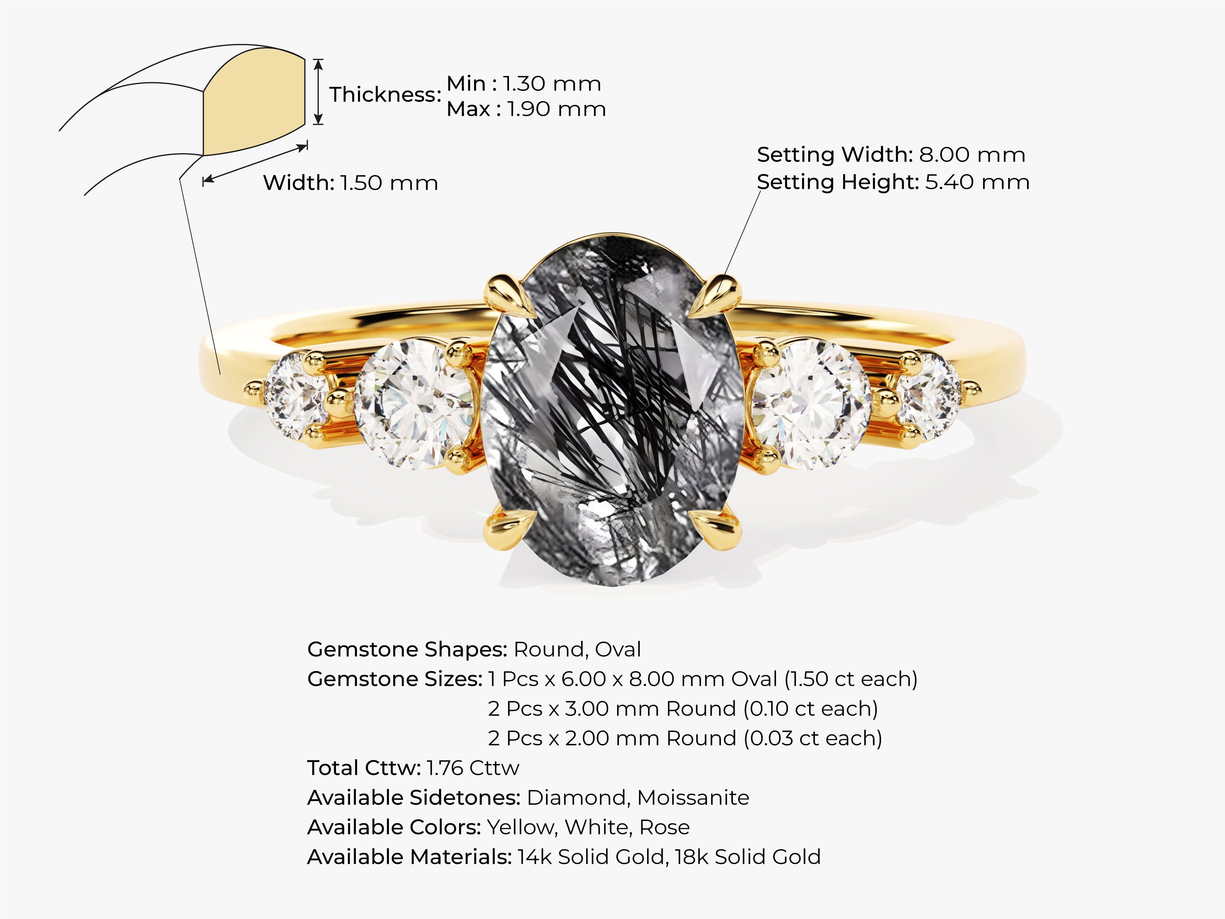 Oval Black Rutilated Quartz Engagement Ring with Moissanite Sidestones