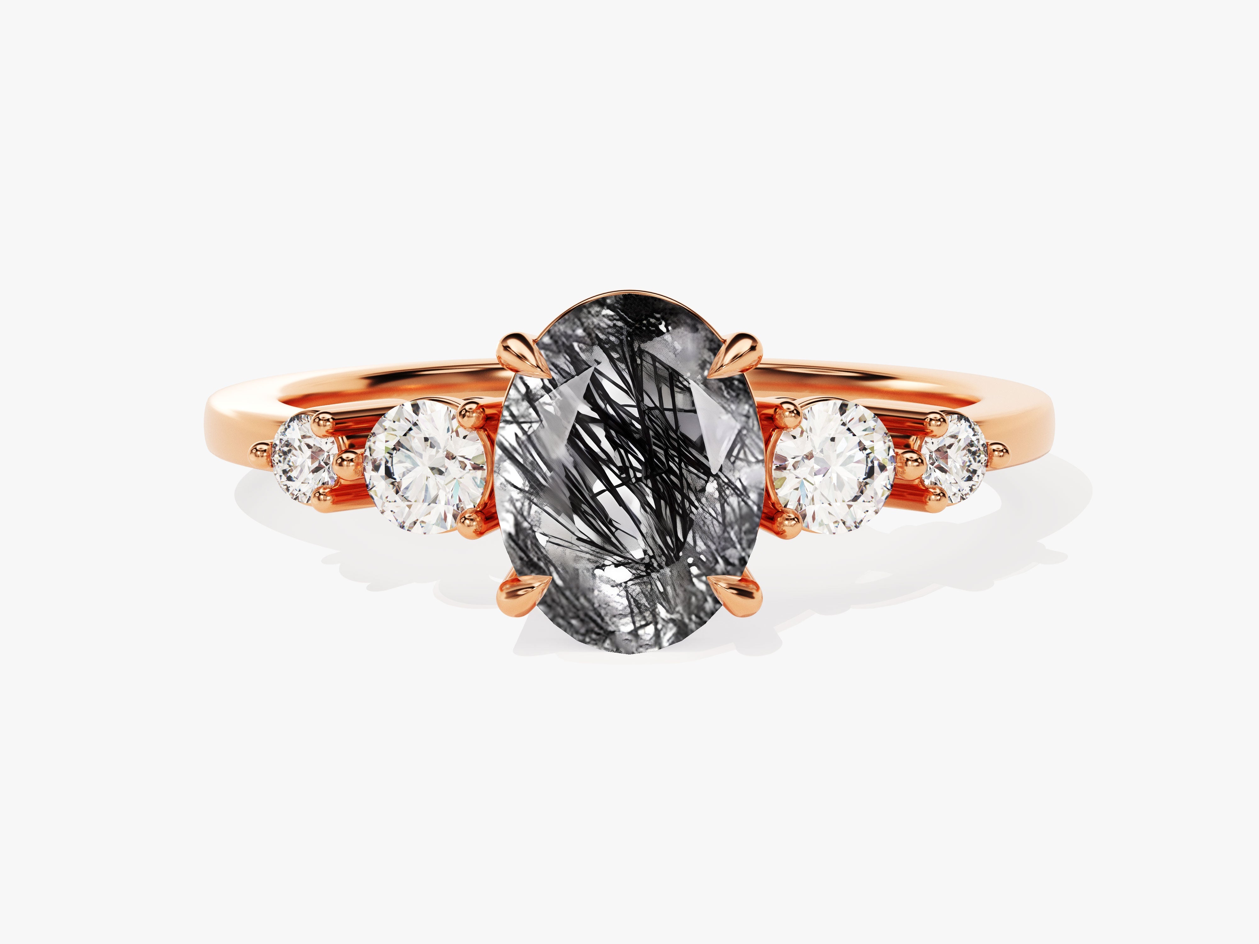 Oval Black Rutilated Quartz Engagement Ring with Moissanite Sidestones