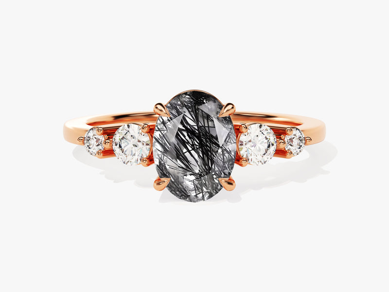 Oval Black Rutilated Quartz Engagement Ring with Moissanite Sidestones